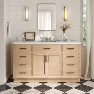 Hepburn 60 in. Single Sink Freestanding Bathroom Vanity in Oak with Carrara White Quartz Top | The Home Depot