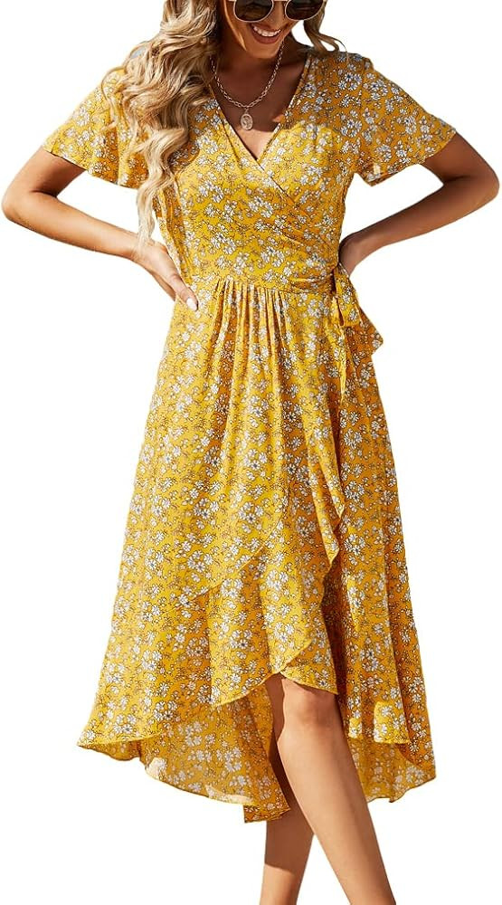 Naggoo Women's Summer Wrap Floral V Neck Ruffle Short Sleeve Beach Midi Dress | Amazon (US)