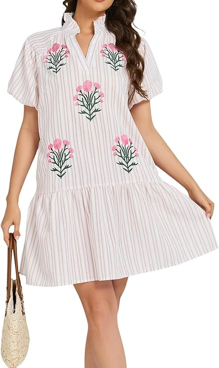 Womens Floral Boho Dress Striped Embroidered Mini Dress Puff Sleeve V Neck Ruffle Hem Babydoll Dr... | Amazon (US)