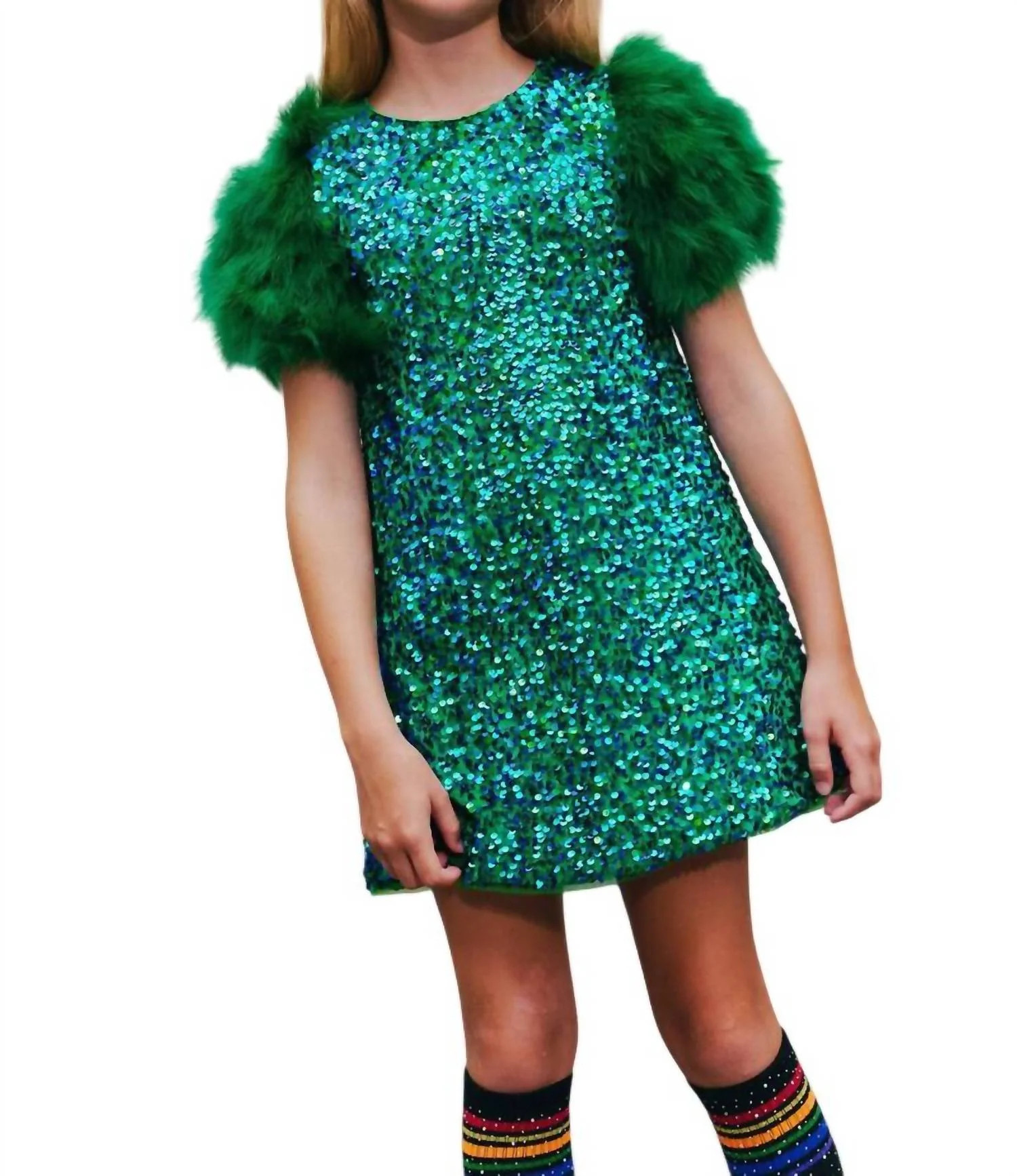 Girls Sequin & Feather Party Dress In Jade Green | Shop Simon