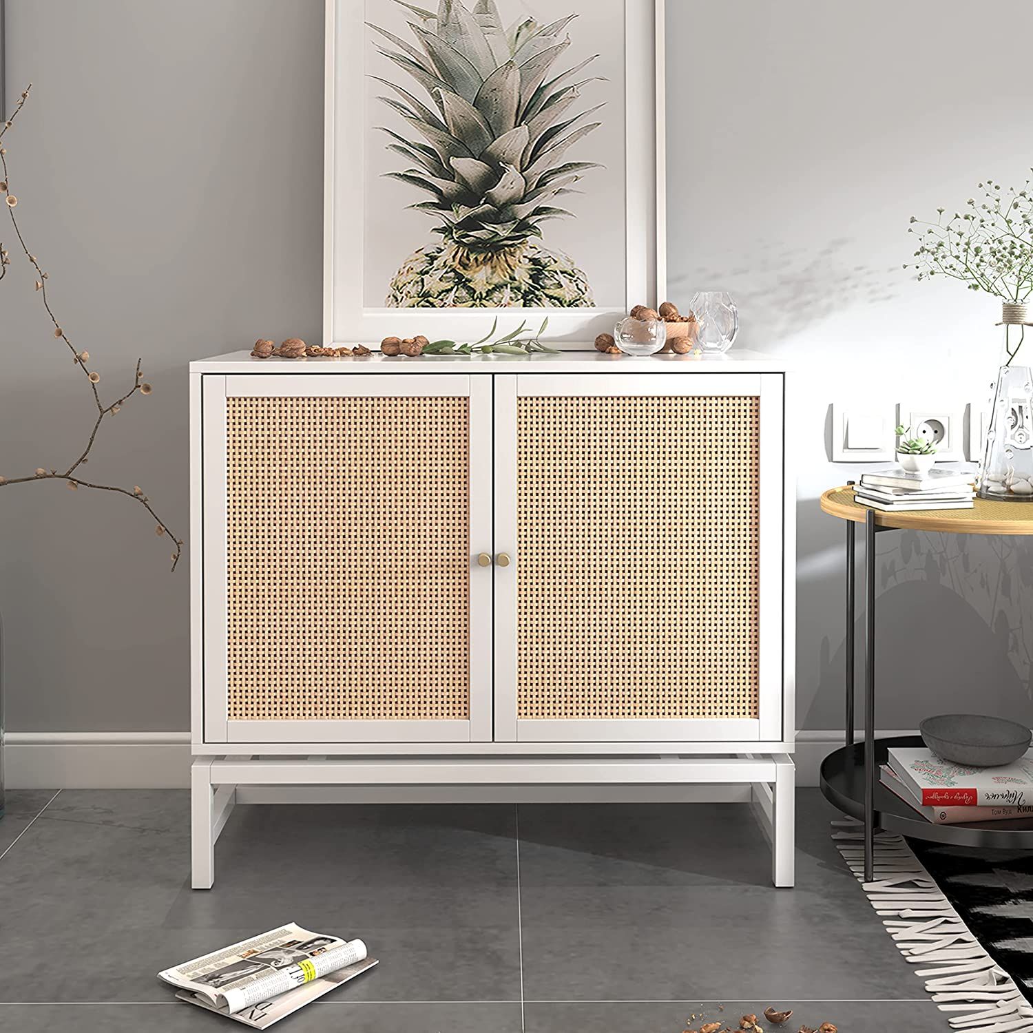 Rattan Sideboard Buffet Cabinet, Kitchen Storage Cabinet with Rattan Decorated Doors, Accent Cabi... | Amazon (US)