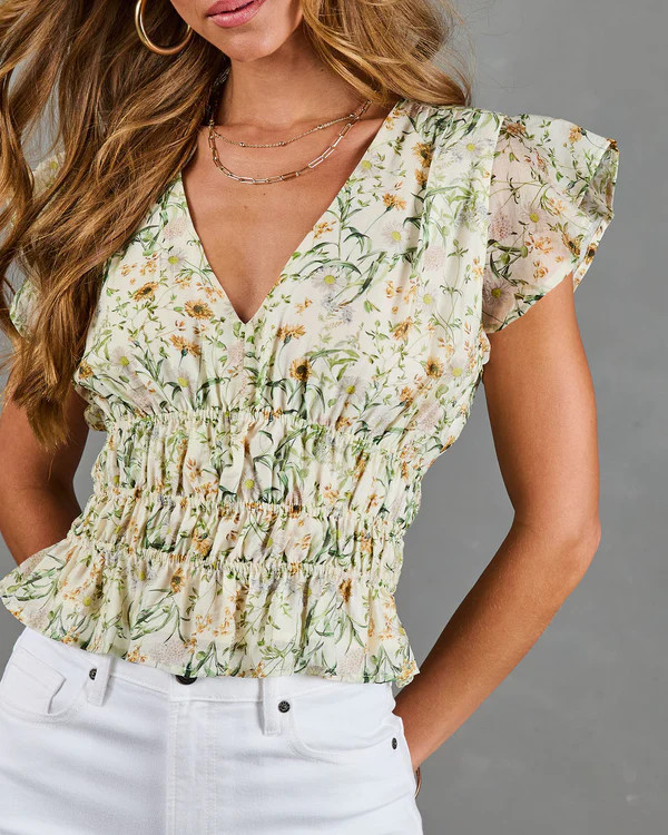 Adilene Floral Print Smocked Waist Peplum Top | VICI