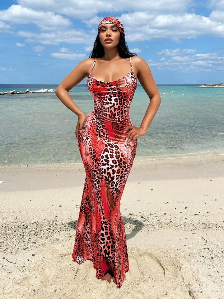 SHEIN SXY Boho Beach Leopard Print Deep Draped Neck Spaghetti Strap Dress For Women, Summer | SHEIN