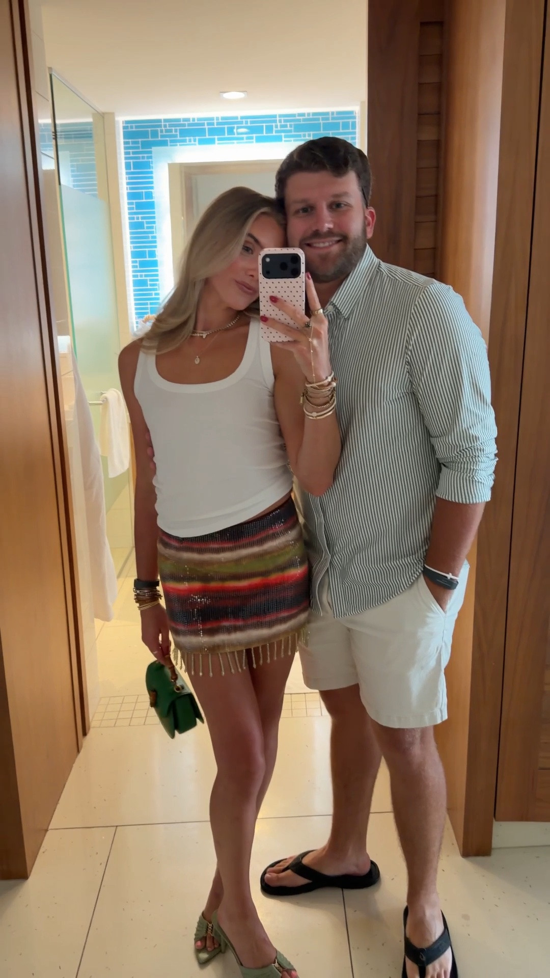 Bahamas night one! Joeys outfit is @rhone  for the button down shirt slim fit but size up and the shorts are @tommybahama. His shoes are @olukai First night in the Bahamas! Took a quick 15 to get ready and put this together my white ribbed tank top size XS from @zsupplyclothing    my skirt I actually got off amazon it’s a @Shopbop   my shoes are YSL look for less from amazon and my bag is @gucci my necklaces are all @electricpicks