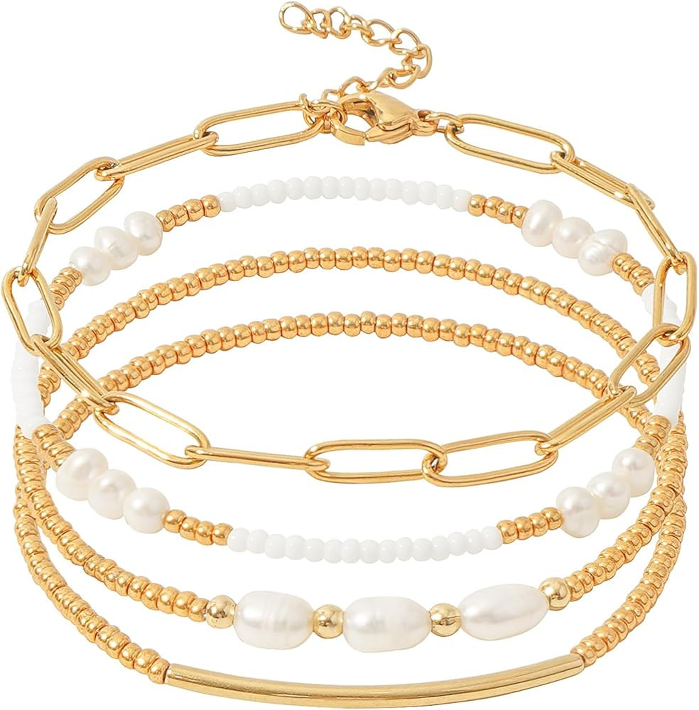 Gold Plated Beaded Bracelets for Women Stackable Set, Elegant Delicate Paperclip Link Stretch Cha... | Amazon (US)