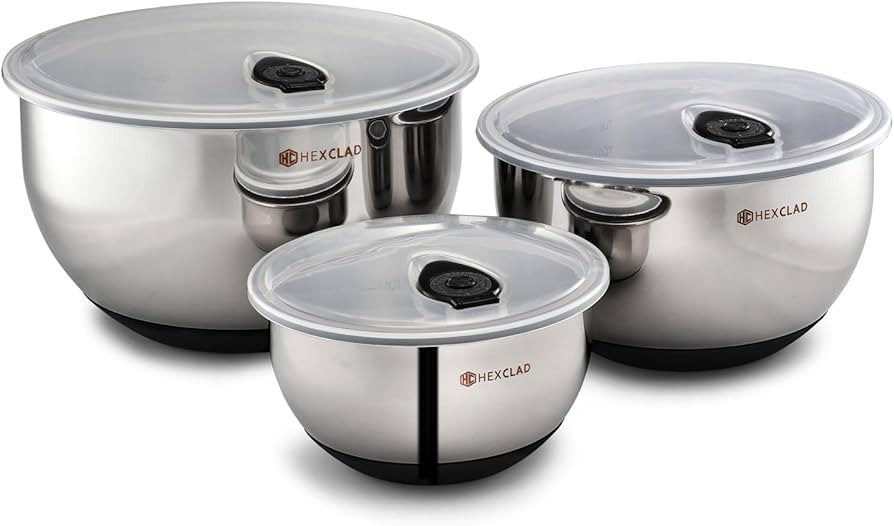 HexClad Stainless Steel Mixing Bowl Set, 3-Piece with Vacuum Seal Lids and Non-Slip Base, 1.3,3 a... | Amazon (US)