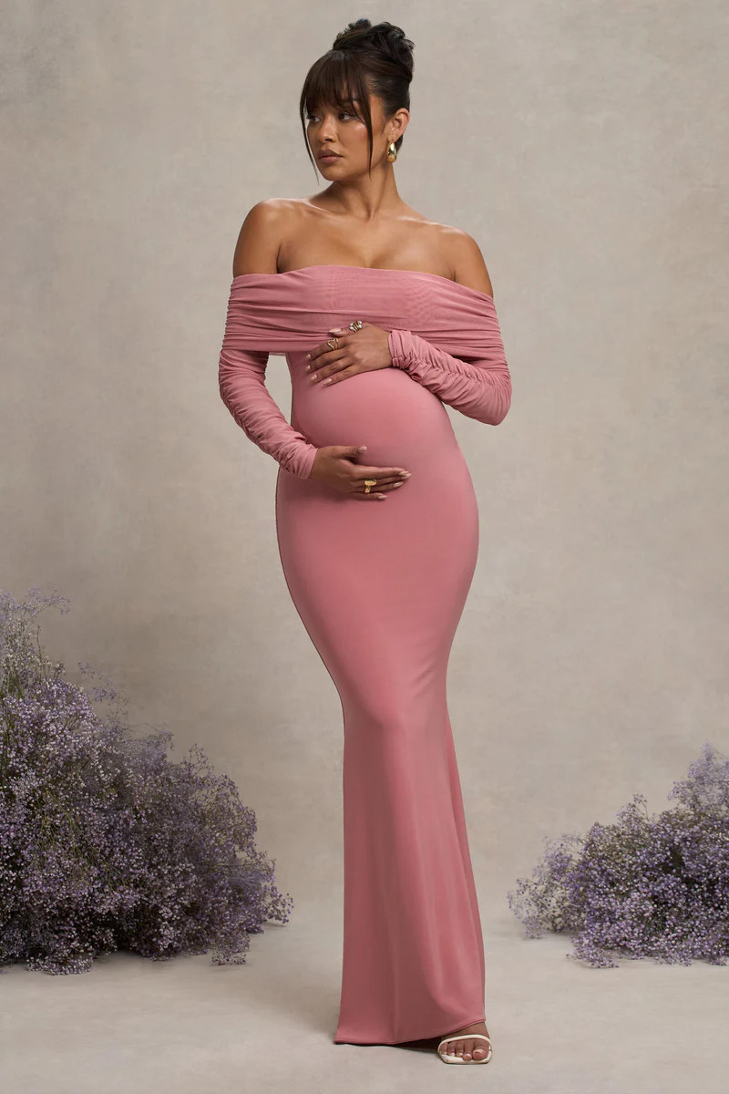Pretty Perfect  Blush Pink Maternity Ruched Mesh Bardot Maxi Dress | Club L London