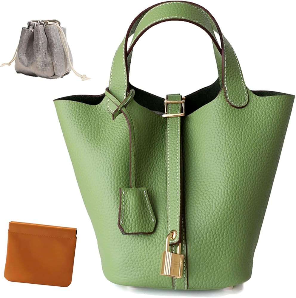 Genuine Leather Lock Design Bucket Bag Vegetable Basket, Fashionable and Versatile Shoulder Handb... | Amazon (US)