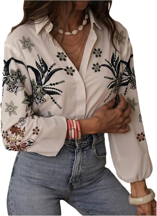 SHENHE Women's Button Down Shirt Lantern Sleeve Tropical Floral Boho Blouse Dressy Top | Amazon (US)