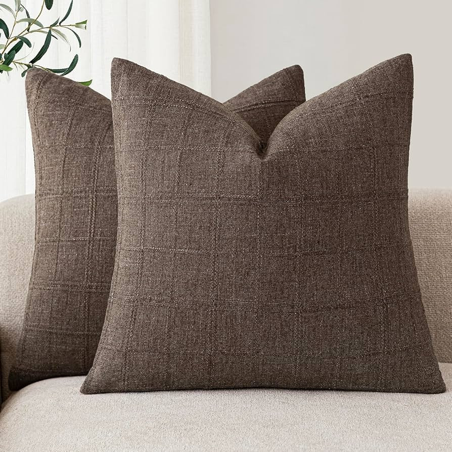 Foindtower Set of 2 Decorative Linen Check Throw Pillow Covers Neutral Farmhouse Vintage Cushion ... | Amazon (CA)
