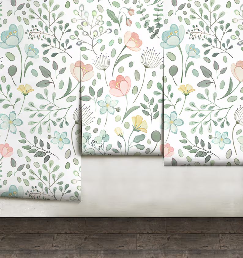 Posie Watercolor Floral Mural || Traditional or Removable Wallpaper • Vinyl-Free •  Non-toxic | Etsy (US)