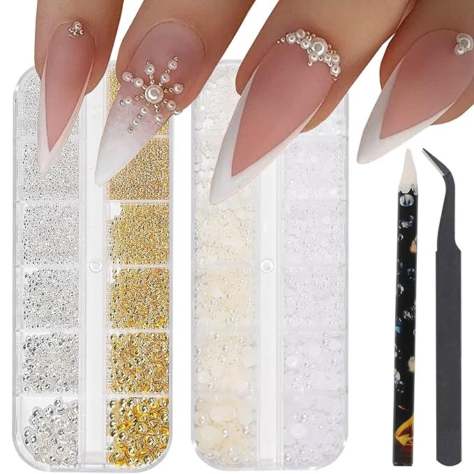 HNUIX Nail Art Charms - Metal Silver & Gold Beads, Flat back Round Rhinestones, Small Nail Pearls... | Amazon (US)