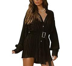 ABYOVRT Women Shirt Dresses Long Sleeve Pleated Mini Dress Casual Button Down Tunic Tops with Bel... | Amazon (US)