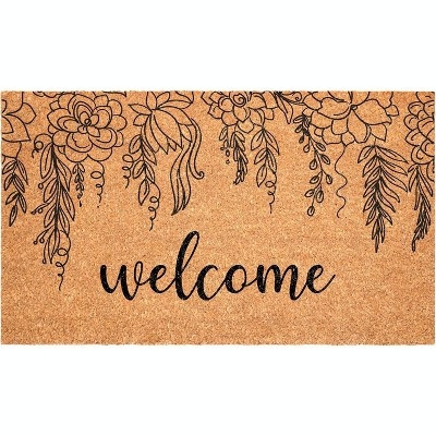 HomeRoots 17" X 29" Brown And Natural Floral Welcome Outdoor Coir Door Mat | Target