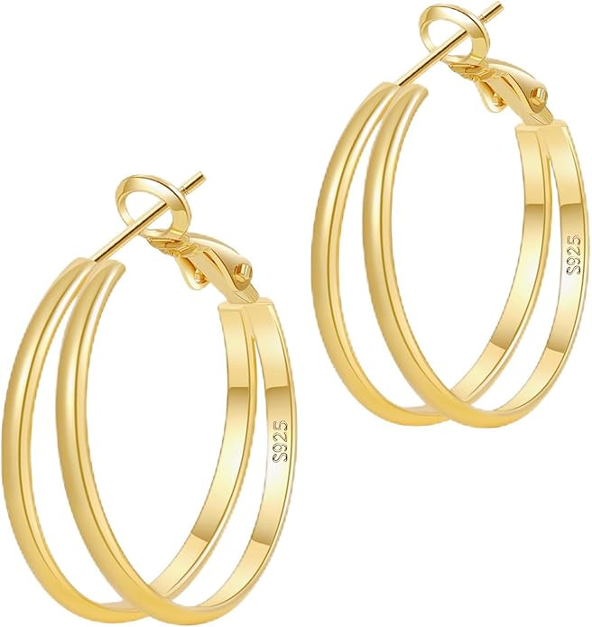 2mm Double Hoop Earrings for Women Lightweight Trendy Medium Larg Gold/Silver Hoops Hypoallergeni... | Amazon (US)