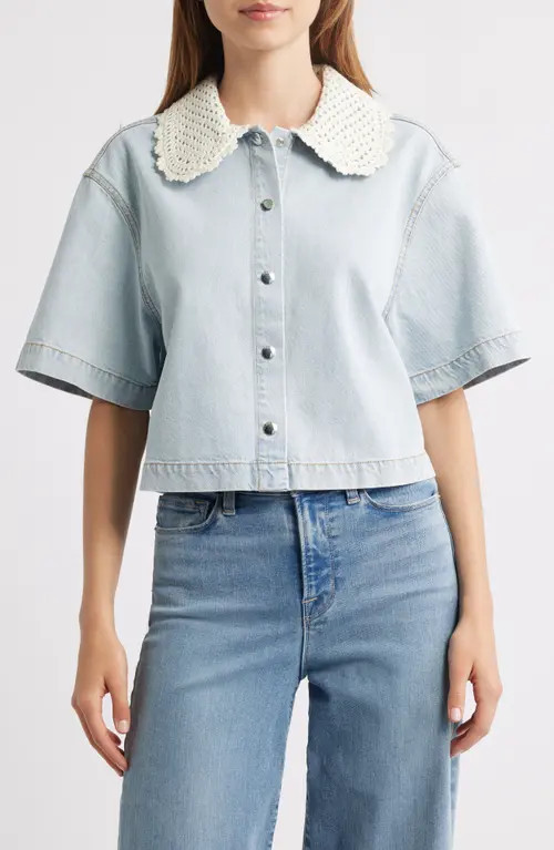 FRAME The Crochet Collar Crop Denim Shirt in Florida at Nordstrom, Size Xx-Small | Nordstrom