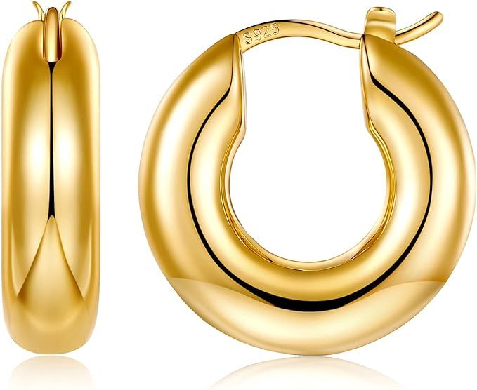 LUCASMITH 14K Gold Plated Chunky Hoop Earrings 925 Sterling Silver Post Huggie Earring for Women | Amazon (US)