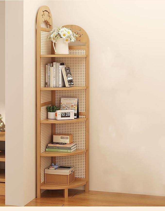 Fan-Shaped Corner Shelf Stand, 5-Tier Corner Bookcase, Rattan Corner Shelf, Display Rack with Leg... | Amazon (US)