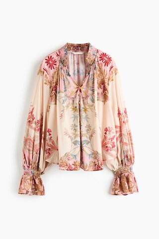 H & M - Button-Front Balloon-Sleeved Blouse - Light Dusty Beige/Floral | H&M (US + CA)