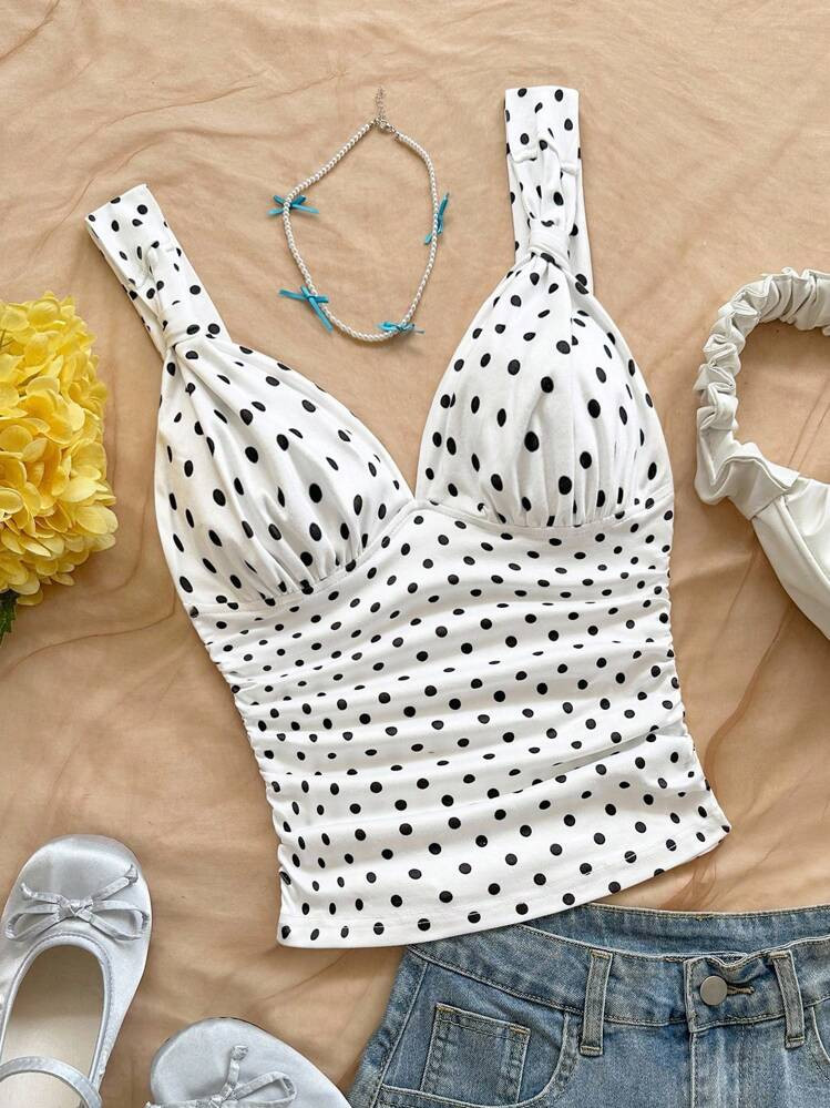 Soleia Women's Elegant Vacation Polka Dot Knit Fabric Twist Strap Ruched Slim Fit Camisole, Suitable For Holiday, Date, Afternoon Tea, Beach, Cruise, City Trip, Island Vacation, Music Festival, Boho Vacation, Can Be Worn Inside Or Outside Polka Dot Top Polka Dot Tank Top Cute Tops Summer Tops Women Polka Dot Top Pokadot Top Milkmaid Top Basic Tops | SHEIN