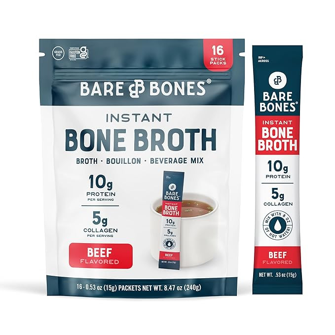 Bare Bones Beef Bone Broth Instant Powdered Mix Packets | 5g Collagen | 10g Protein | Keto & Pale... | Amazon (US)