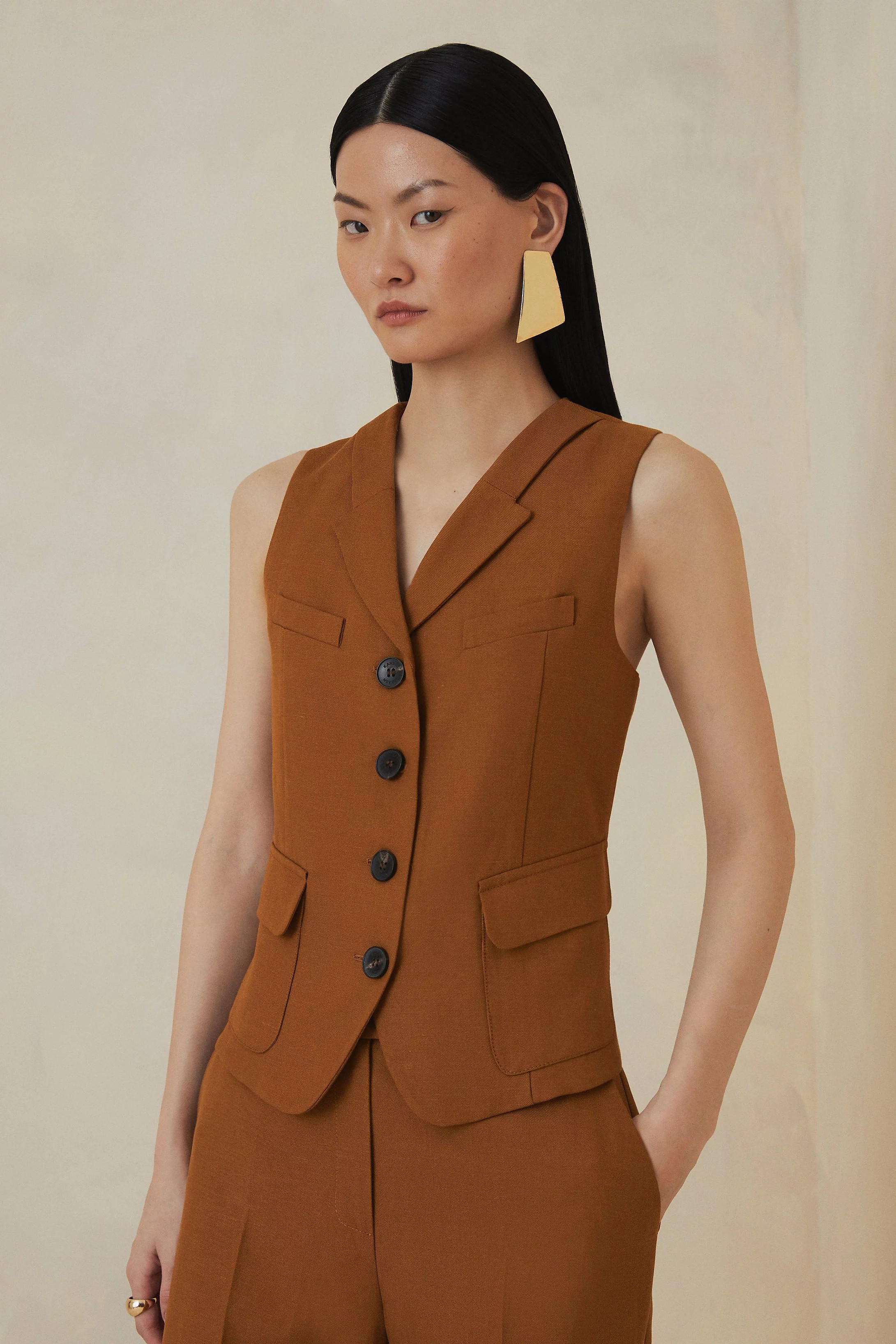 The Founder Premium Tailored Tencel Linen Pocket Detail Waistcoat | Karen Millen UK + IE + DE + NL