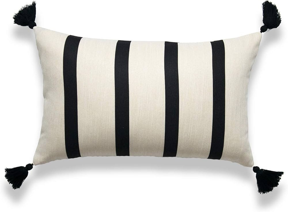 Moroccan Tassel Neutral Lumbar Pillow Cover, Striped, Beige Black, 12"x20" | Amazon (US)