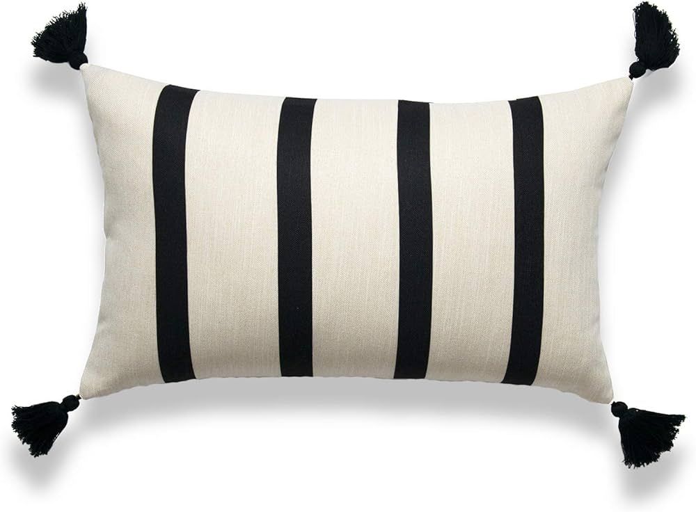 Moroccan Tassel Neutral Lumbar Pillow Cover, Striped, Beige Black, 12"x20" | Amazon (US)