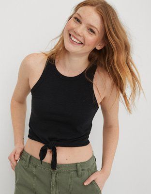 Aerie Ribbed Tie Front High Neck Tank Top | American Eagle Outfitters (US & CA)