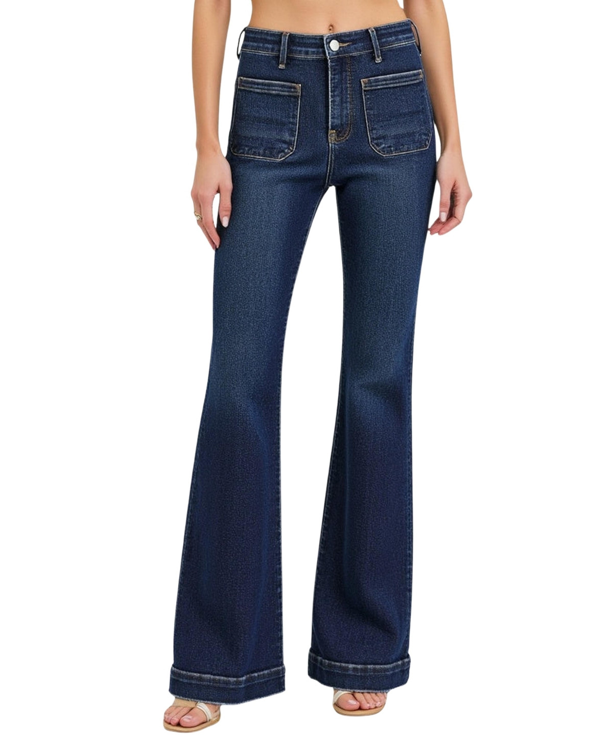 Modenaire Women's High Waist Flare Front Patch Pocket Jeans - Dark blue | Macy's