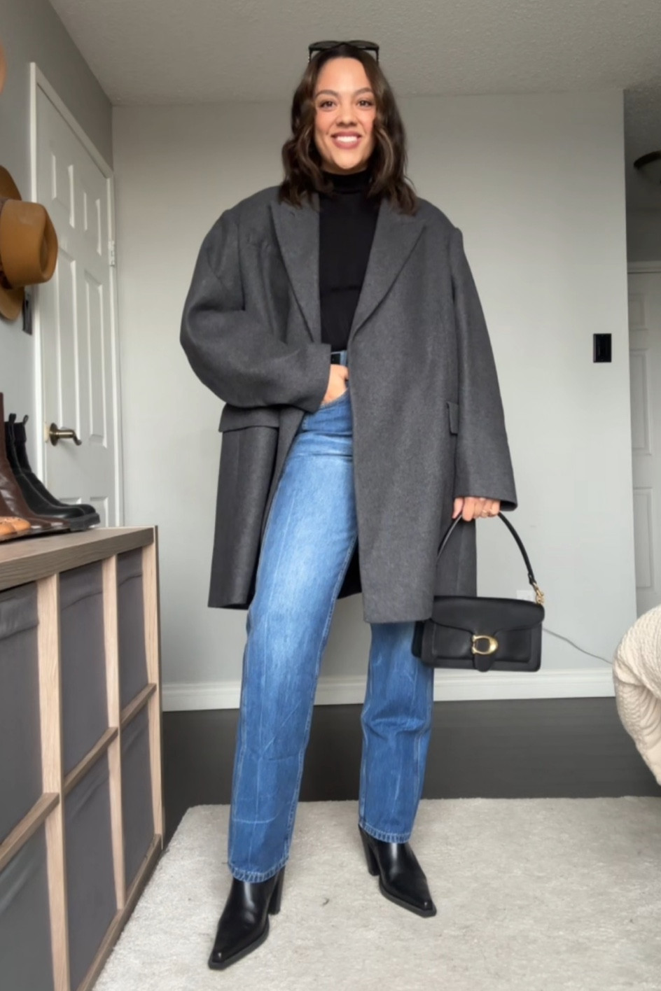 Fall outfit idea! Details below:
-COS oversized grey wool blazer coat, I have a medium. 
-Black long sleeve mockneck top from Abercrombie, I have a medium. 
-Banana Republic medium wash straight jeans, I have a size 29 long. 
-Black leather ankle boots, similar linked. 
-Coach tabby shoulder bag 26 in black pebble leather. 
-Celine Triomphe 52mm sunglasses in black acetate. 


#LTKstyletip #LTKfindsunder100 #LTKSeasonal
