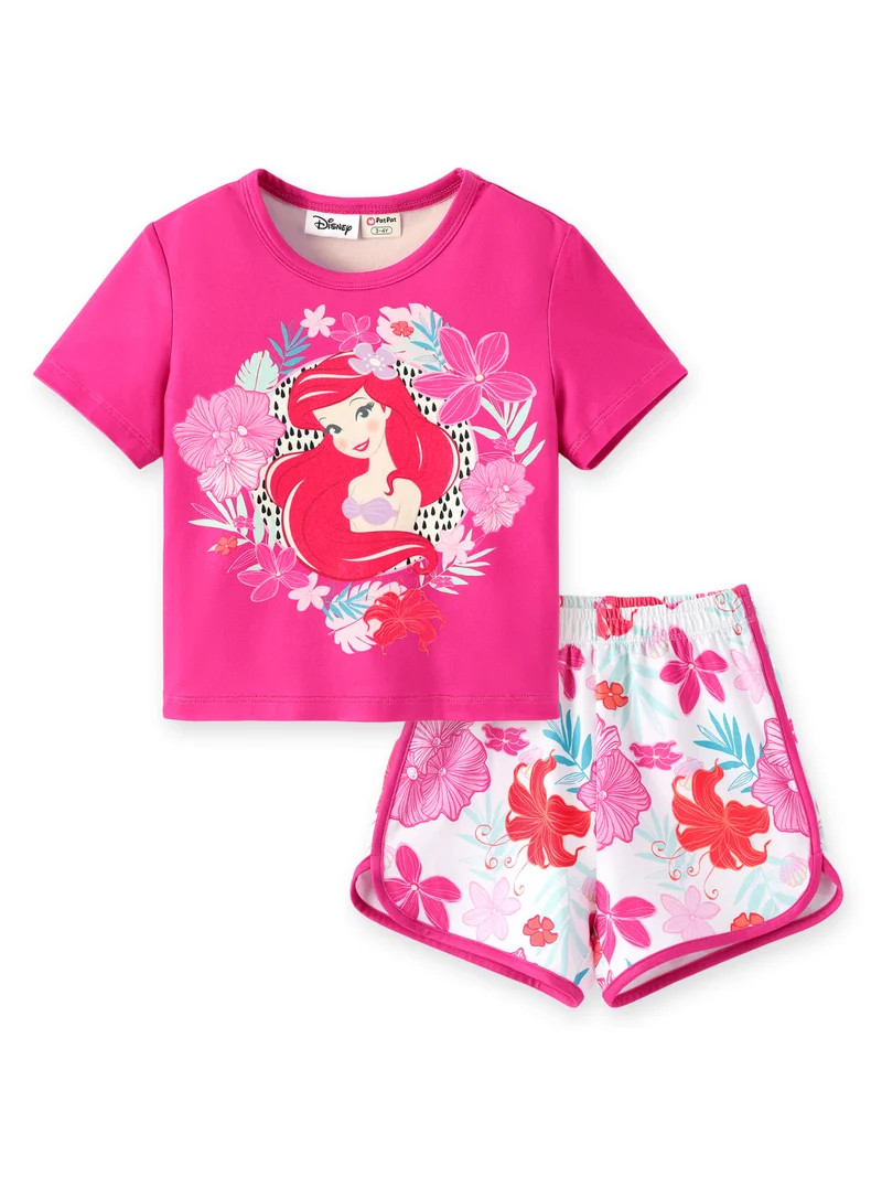 Disney Princess Girls Ariel Mermaid Graphic Tee and Dolphin Shorts 2-Piece Pink Holiday Outfit To... | Walmart (US)