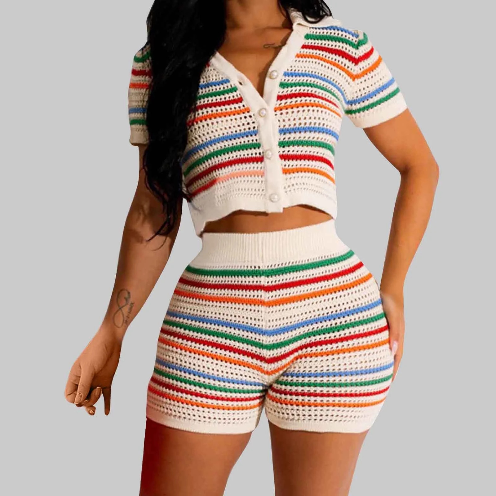 RQYYD Women 2 Piece Crochet Outfit Knitted Shorts Set Hollow Out Button Shirt Summer Vacation Out... | Walmart (US)