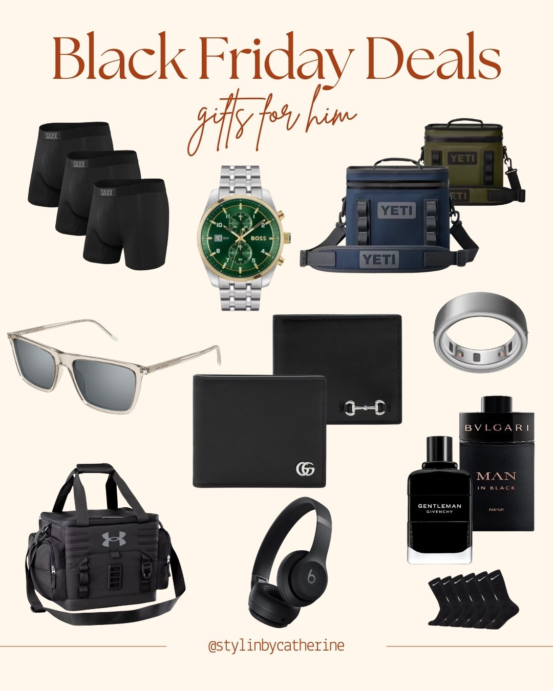 Black Friday deals. Black Friday deals gift for him. Gift guide for him. Yeti cooler. Cooler bag for men. Gucci wallet. Beats Solo. Saxx underwear. Oura ring. Sunglasses for men.  Givenchy perfume men. Bvlgari perfume men. Hugo boss watch. 

#LTKsale #LTKgiftguide #LTKholiday