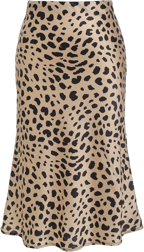 Leopard Skirts for Women Midi Long Length High Waist Cheetah Skirts Satin Silk Elastic Skirts | Amazon (US)