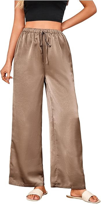 Floerns Women's Satin Straight Leg Pants Elastic Waist Loungewear Party Trousers | Amazon (US)