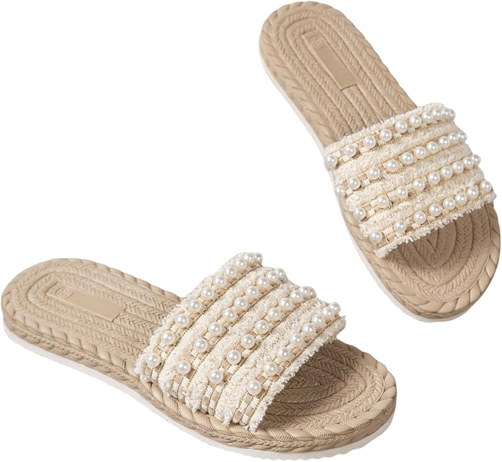GORGLITTER Women's Pearls Beaded Straw Flat Sandals Braided Beach Open Toe Slip On Slide Sandals | Amazon (US)