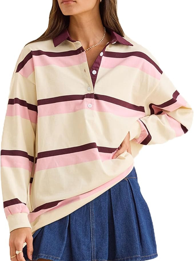 Women Striped Rugby Shirt Y2k Long Sleeve Oversized Polo Sweatshirt Vintage Collared Shirt Pullov... | Amazon (US)