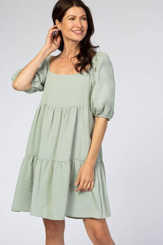 Mint Puff Sleeve Tiered Dress | PinkBlush Maternity