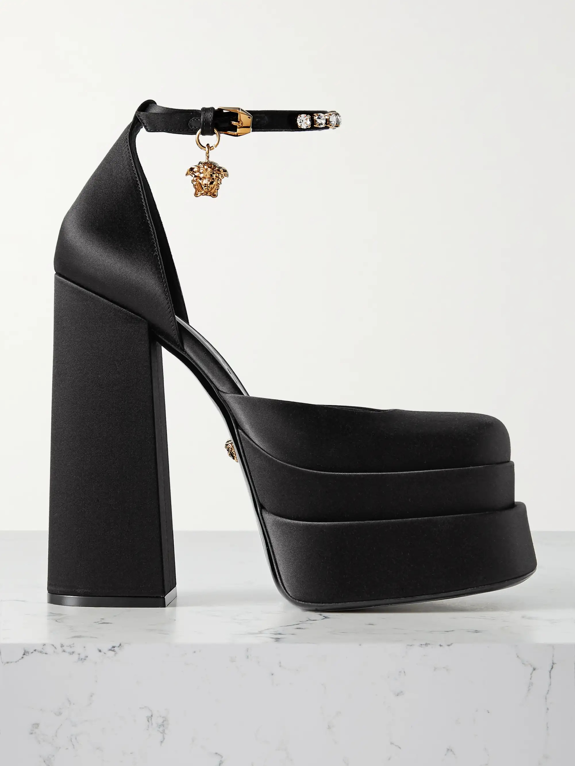 Black Medusa Aevitas embellished satin platform pumps | VERSACE | NET-A-PORTER | NET-A-PORTER (US)