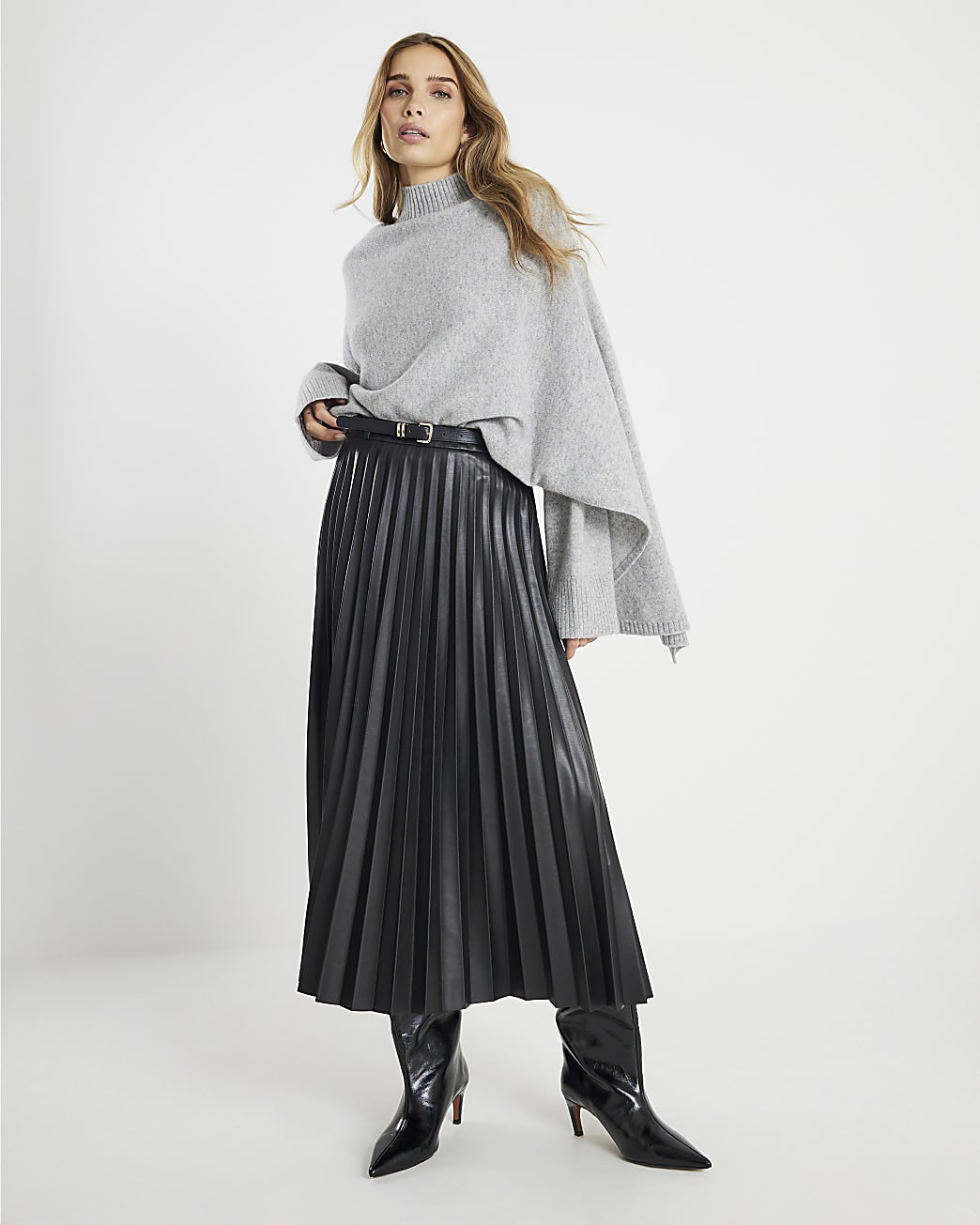 Black Faux Leather Belted Pleated Midi Skirt | River Island UK & IE
