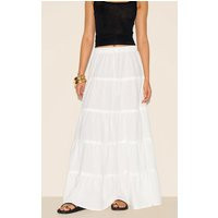 White Cotton Tiered Drawstring Waist Maxi Skirt, White | PrettyLittleThing UK
