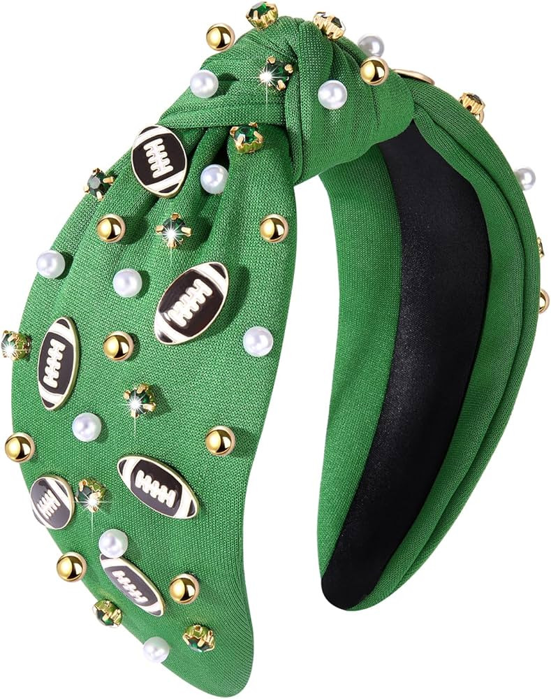 Football Headband Pearl Rhinestone Jeweled Knotted Headband Football Wide Top Knot Hairband Headp... | Amazon (US)