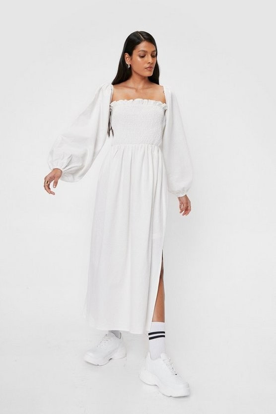 Linen Look Balloon Sleeve Shirred Midi Dress | NastyGal (UK, IE)