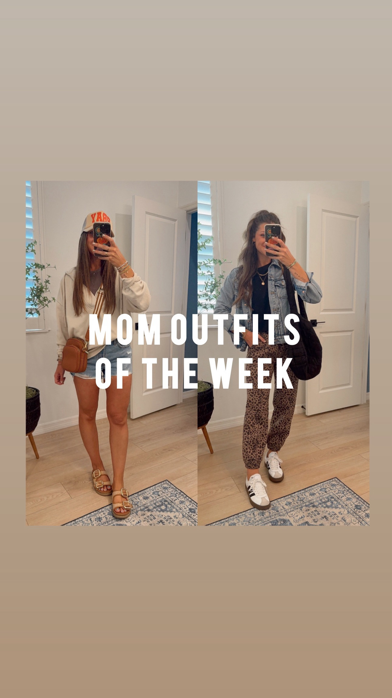 My wfh mom outfits from this week!
I’m 5’3.5”, size 2 or S is my true to size for reference 🫶🏻 I’ll list out each day’s details below:

Monday: XS jumpsuit - SIZE DOWN! Runs big. Wish they had XXS. But I’m absolutely obsessed! Soooo comfortable. Oversized. Perfect to wear alone, with a jacket for travel outfit or even as a coverup for spring break trip / summer vacay!
Tuesday: this aerie set has my heart! The paisley print is darling. I did true to size S in shorts / went down to XS in the crewneck. I’ve only had this about a week and have already worn it several times… it’s the perfect spring break and summer set! 
Wednesday: sized up one to a 4 in the Levi’s for my thighs and length to cover booty! If you have slender legs, your true size is probably fine. I have room in the waist but my thighs and booty always have to go up in cut offs one usually! Small in this old navy hoodie I love. And S in the tee under. 
Thursday: it cooled off here so I threw on my fave amazon leggings (S) and the best cozy cardigan! I’m in a S in everything.
Friday: small SHORT in these joggers. Some of my faves ever! And on sale right now!!! S jacket and tee too. Size down half in the sneaks!! 

Lmk if you have any qs! 