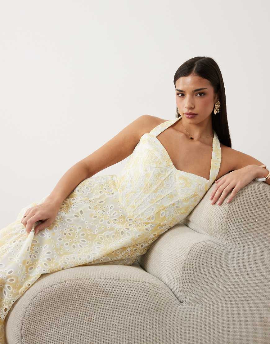 Bardot Pollie broderie halter midi dress in yellow floral | ASOS (Global)