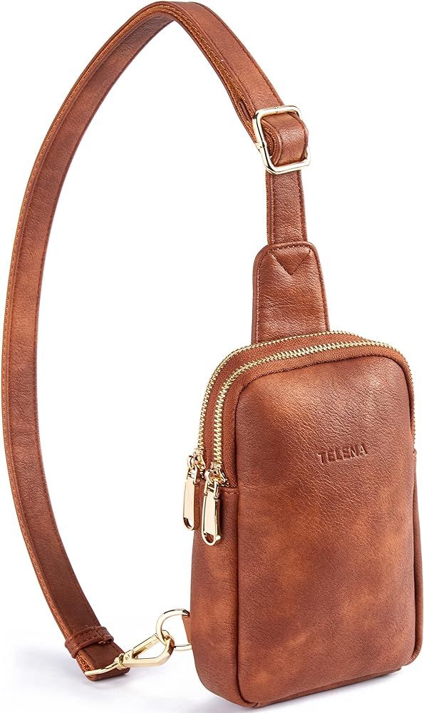 Telena Small Sling Bag for Women Leather Crossbody Fanny Packs Chest Bag for Women Mocha Brown | Amazon (US)