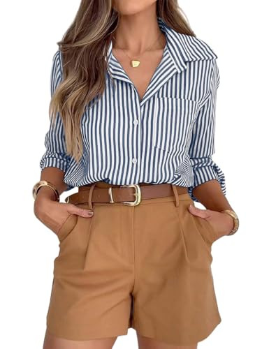 siliteelon Striped Button Down Shirts for Women Dress Shirts Long Sleeve Casual Collared Office Work Shirt with Pocket Dark Blue and White | Amazon (US)