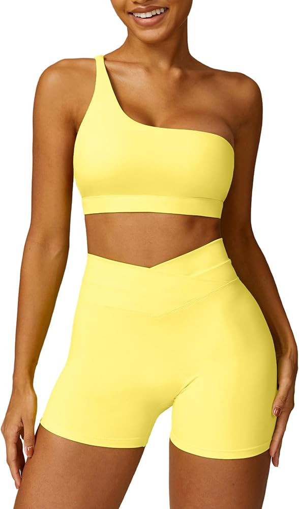 ABOCIW Workout Sets for Women Crossover High Waist Biker Shorts One Shoulder Sports Bra 2 Piece G... | Amazon (US)