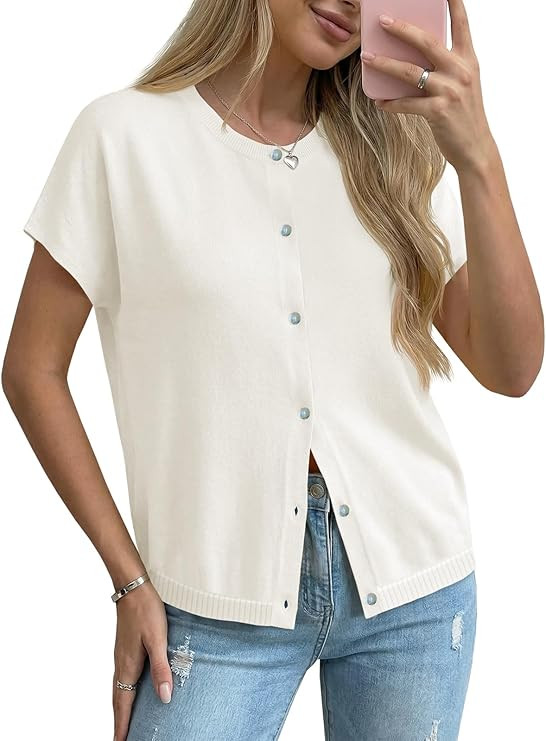 Saodimallsu Womens Oversized Cardigans Summer Short Sleeve Lightweight Knit Button Down Crew Neck... | Amazon (US)